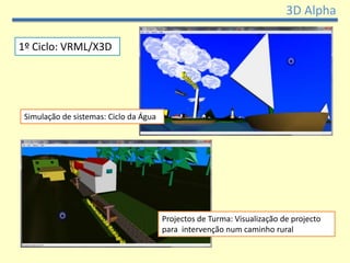 3D Alpha

1º Ciclo: VRML/X3D




 Simulação de sistemas: Ciclo da Água




                                        Projectos de Turma: Visualização de projecto
                                        para intervenção num caminho rural
 