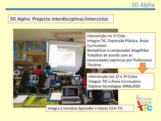 3D Alpha

3D Alpha: Projecto interdisciplinar/interciclos


                                          Intervenção no 1º Ciclo
                                          Integrar TIC, Expressão Plástica, Áreas
                                          Curriculares
                                          Rentabilizar o computador Magalhães
                                          Trabalhar de acordo com as
                                          necessidades expressas por Professores
                                          Titulares

                                          Intervenção nos 2º e 3º Ciclos
                                          Integrar TIC e Áreas Curriculares
                                          Explorar tecnologias VRML/X3D




                  Integra a iniciativa Aprender e Inovar Com TIC
 