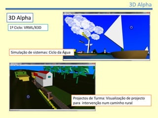 3D Alpha

3D Alpha
1º Ciclo: VRML/X3D




Simulação de sistemas: Ciclo da Água




                                       Projectos de Turma: Visualização de projecto
                                       para intervenção num caminho rural
 
