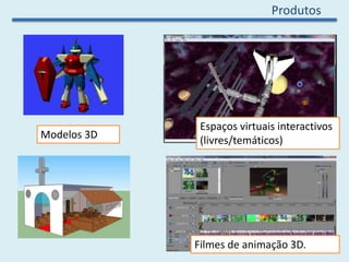 Produtos
Modelos 3D
Espaços virtuais interactivos
(livres/temáticos)
Filmes de animação 3D.
 