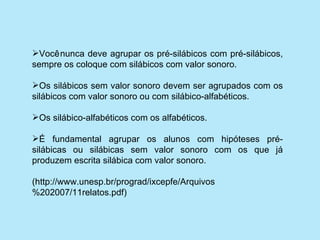 Você nunca deve agrupar os pré-silábicos com pré-silábicos,
sempre os coloque com silábicos com valor sonoro.

Os silábicos sem valor sonoro devem ser agrupados com os
silábicos com valor sonoro ou com silábico-alfabéticos.

Os silábico-alfabéticos com os alfabéticos.

É  fundamental  agrupar  os  alunos  com  hipóteses  pré-
silábicas  ou  silábicas  sem  valor  sonoro  com  os  que  já 
produzem escrita silábica com valor sonoro.

(http://www.unesp.br/prograd/ixcepfe/Arquivos
%202007/11relatos.pdf)
 