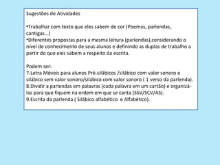 Sugestões de Atividades

•Trabalhar com texto que eles sabem de cor (Poemas, parlendas,
cantigas...)
•Diferentes propostas para a mesma leitura (parlendas),considerando o
nível de conhecimento de seus alunos e definindo as duplas de trabalho a
partir do que eles sabem a respeito da escrita.

Podem ser:
7.Letra Móveis para alunos Pré-silábicos /silábico com valor sonoro e
silábico sem valor sonoro/silábico com valor sonoro ( 1 verso da parlenda).
8.Dividir a parlendas em palavras (cada palavra em um cartão) e organizá-
las para que fiquem na ordem em que se canta (SSV/SCV/AS).
9.Escrita da parlenda ( Silábico alfabético e Alfabético).
 