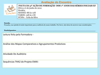 Avaliação do Encontro
                     PAUTA DA 3ª AÇÃO DE FORMAÇÃO DOS 1º ANOS DAS SÉRIES INICIAIS EF
                     DIA:5 e 6 de junho de 2012
                     Horário
                     MANHÃ: 8H às 12H
                     TARDE: 13H às 17H
                     PCNPe : Leila da Silva

 Escola:________________________________________________________________________________
 Prezados, sua opinião é muito importante para a melhoria do nosso trabalho. Por favor, não deixe de escrever suas considerações.


 Participantes:____________________________________________________________________

Leitura feita pela Formadora -


Análise dos Mapas Comparativos e Agrupamentos Produtivos



Atividade De Auditório


Sequências THA2 do Projeto EMAI:
 