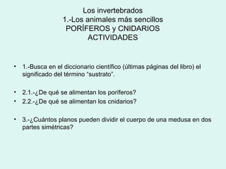 Los invertebrados
                   1.-Los animales más sencillos
                    PORÍFEROS y CNIDARIOS
                           ACTIVIDADES


•   1.-Busca en el diccionario científico (últimas páginas del libro) el
    significado del término “sustrato”.

•   2.1.-¿De qué se alimentan los poríferos?
•   2.2.-¿De qué se alimentan los cnidarios?

•   3.-¿Cuántos planos pueden dividir el cuerpo de una medusa en dos
    partes simétricas?
 