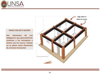 47
VIGAS COLLAR O SOLERA
Son elementos de uso
obligatorio que generalmente
conectan a los entrepisos y
techos con los muros. Actúan
en su plano como elementos
de arriostre horizontal
 