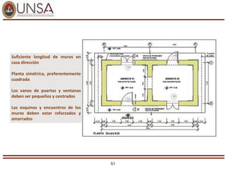 51
Suficiente longitud de muros en
casa dirección
Planta simétrica, preferentemente
cuadrada
Los vanos de puertas y ventanas
deben ser pequeños y centrados
Las esquinas y encuentros de los
muros deben estar reforzados y
amarrados
 