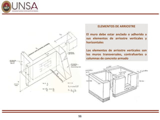 56
ELEMENTOS DE ARRIOSTRE
El muro debe estar anclado o adherido a
sus elementos de arriostre verticales y
horizontales
Los elementos de arriostre verticales son
los muros transversales, contrafuertes o
columnas de concreto armado
 