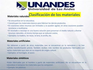 Clasificación de los materiales
Materiales naturales
• Se encuentran en la naturaleza.
• Constituyen los materiales básicos para fabricar los demás productos.
•En ocasiones estos recursos son limitados y se pueden agotar, en otras ocasiones pueden
reciclarse o reutilizarse.
•El reciclado o reciclaje es una buena solución para preservar el medio natural y ahorrar
recursos naturales, al mismo tiempo que se reducen costos.
• Ejemplos: la madera, las rocas, la lana, la arcilla, etc.
Materiales artificiales
•Se obtienen a partir de otros materiales que se encuentran en la naturaleza y no han
sufrido transformación previa. También reciben este nombre los productos fabricados con
varios materiales que sean en su mayoría de origen natural.
• Ejemplos: el hormigón, el acero
Materiales sintéticos
•Están fabricados por el hombre a partir de materiales artificiales. No se encuentran en la
naturaleza ni tampoco los materiales que los componen.
• Ejemplo: los plásticos
 