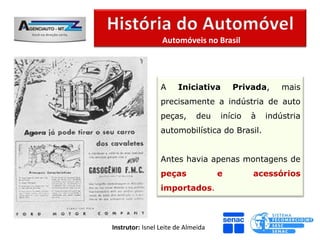 Automóveis no Brasil




                 A     Iniciativa       Privada,     mais
                 precisamente a indústria de auto
                 peças,      deu    início   à   indústria
                 automobilística do Brasil.


                 Antes havia apenas montagens de
                 peças              e        acessórios
                 importados.



Instrutor: Isnel Leite de Almeida
 