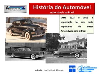Automóveis no Brasil
                             Entre   1925         e     1956    a
                             importação     foi        um   meio
                             importante           de        trazer
                             Automóveis para o Brasil .




Instrutor: Isnel Leite de Almeida
 