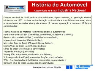 Automóveis no Brasil Industria           Nacional
Embora no final de 1956 tenham sido fabricados alguns veículos, a produção efetiva
iniciou-se em 1957. Na fase de implantação da indústria automobilística nacional, vinte
projetos foram enviados, dos quais apenas 17 tiveram aprovação e somente 12 foram
concretizados:

Fábrica Nacional de Motores (caminhões, ônibus e automóveis);
Ford Motor do Brasil S/A (caminhões, automóveis, utilitários e tratores);
General Motors do Brasil S/A (caminhões e automóveis);
International Harvester S/A (caminhões);
Mercedes Benz do Brasil S/A (caminhões e ônibus);
Scania Vabis do Brasil (caminhões e ônibus);
Simca do Brasil (automóveis e camionetas);
Toyota do Brasil S/A (utilitários);
Vemag S/A ( automóveis, camionetas e utilitários);
Volkswagen do Brasil S/A (camionetas, furgões e automóveis);
Willys Overland do Brasil (utilitários, camionetas e automóveis) e
Karmann Ghia do Brasil (carrocerias de automóveis).
                               Instrutor: Isnel Leite de Almeida
 
