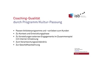 Coaching-Qualität
durch Programm/Kultur-Passung
Passen Anbieterprogramme und –vorlieben zum Kunden
Zu Kontext und Entwicklungsphase
Zu Vorstellungen externen Engagements im Zusammenspiel
mit interner Umsetzung
Zum Verantwortungsverständnis
Zur Geschäftsanbahnung
Seite 23
CC-by-Lizenz,
Autor: Bernd Schmid
für isb-w.eu
Systemische Professionalität 2013
 