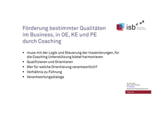 Förderung bestimmter Qualitäten
im Business, in OE, KE und PE
durch Coaching
muss mit der Logik und Steuerung der Inszenierungen, für
die Coaching Unterstützung bietet harmonieren
Qualifizieren und Orientieren
Wer für welche Orientierung verantwortlich?
Verhältnis zu Führung
Verantwortungsdialoge
Seite 25
CC-by-Lizenz,
Autor: Bernd Schmid
für isb-w.eu
Systemische Professionalität 2013
 