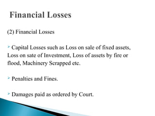 (2) Financial Losses
 Capital Losses such as Loss on sale of fixed assets,
Loss on sate of Investment, Loss of assets by fire or
flood, Machinery Scrapped etc.
 Penalties and Fines.
 Damages paid as ordered by Court.
 