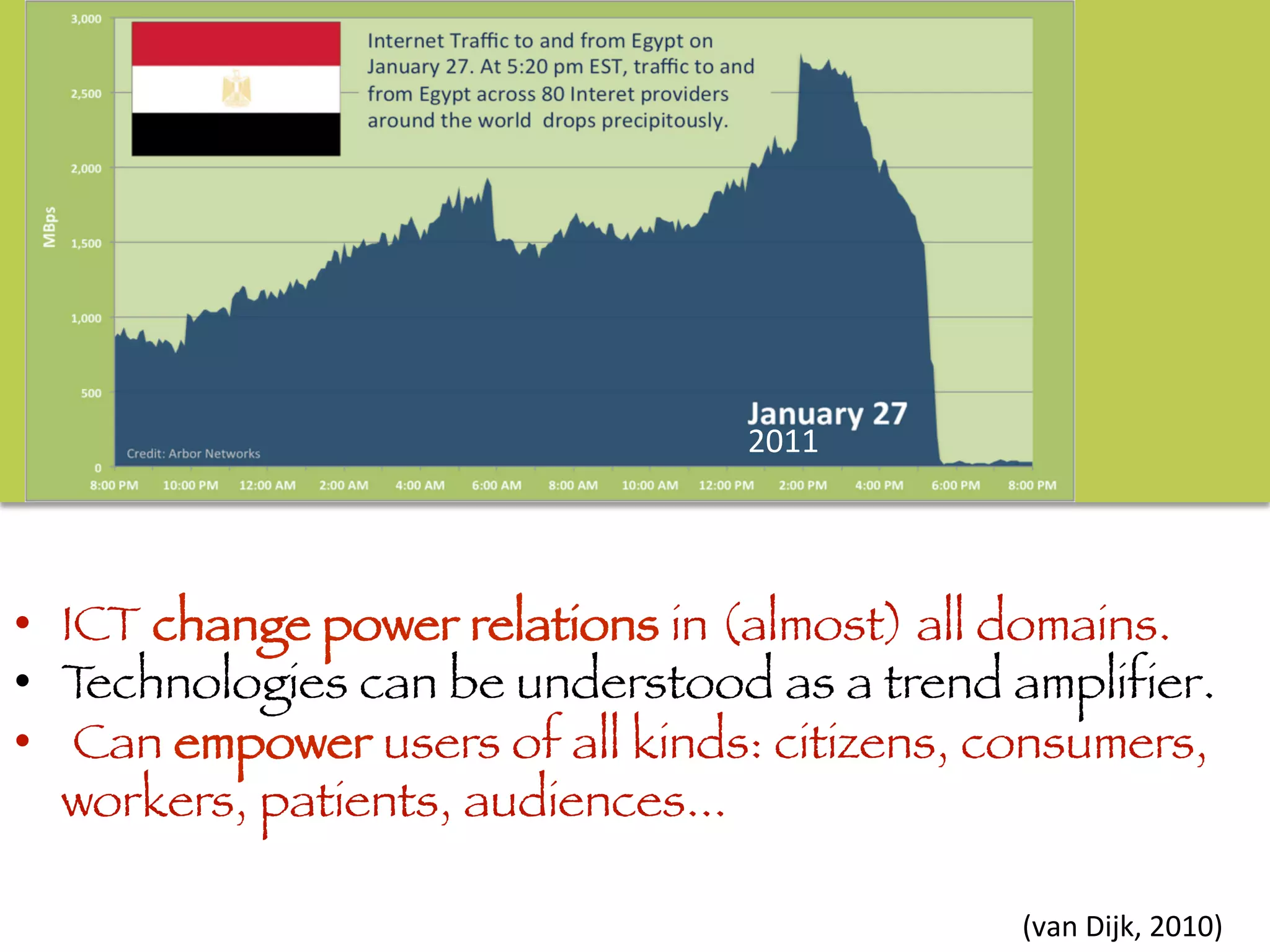 •  ICT change power relations in (almost) all domains.
•  Technologies can be understood as a trend amplifier. 
•  Can empower users of all kinds: citizens, consumers,
workers, patients, audiences...
(van	
  Dijk,	
  2010)	
  
2011	
  
 