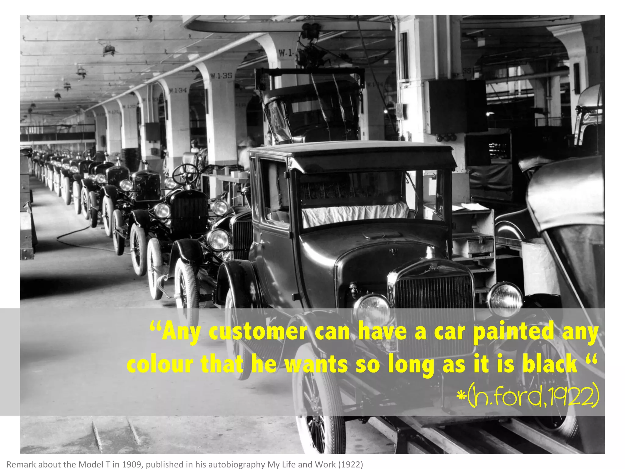“Any customer can have a car painted any
colour that he wants so long as it is black “
*(h.ford,1922)
Remark	
  about	
  the	
  Model	
  T	
  in	
  1909,	
  published	
  in	
  his	
  autobiography	
  My	
  Life	
  and	
  Work	
  (1922)	
  
 