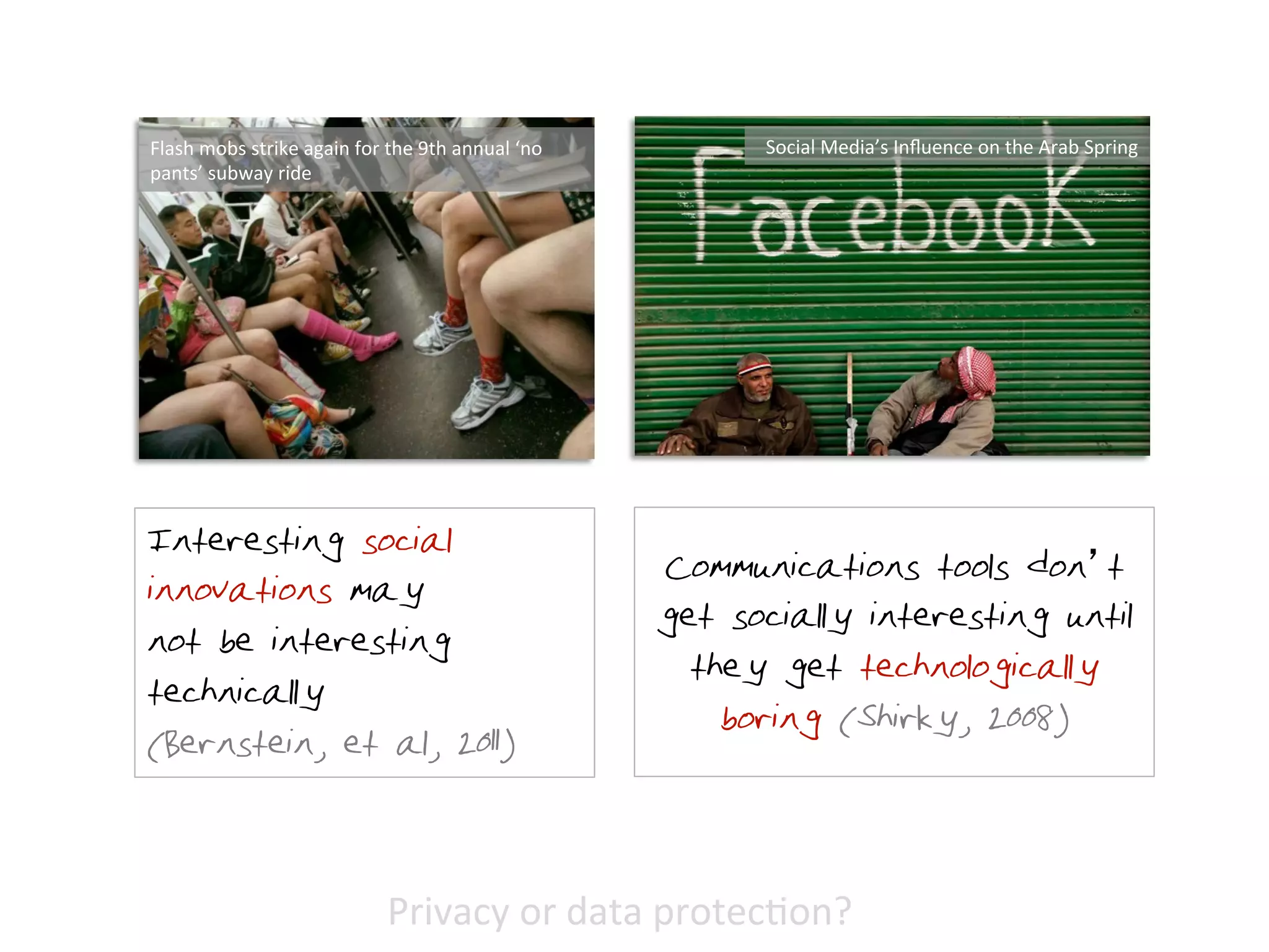 Communications tools don t
get socially interesting until
they get technologically
boring (Shirky, 2008)
Interesting social
innovations may
not be interesting
technically
(Bernstein, et al, 2011)
Flash	
  mobs	
  strike	
  again	
  for	
  the	
  9th	
  annual	
  ‘no	
  
pants’	
  subway	
  ride	
  
Social	
  Media’s	
  Inﬂuence	
  on	
  the	
  Arab	
  Spring	
  
Privacy	
  or	
  data	
  protec1on?	
  
 