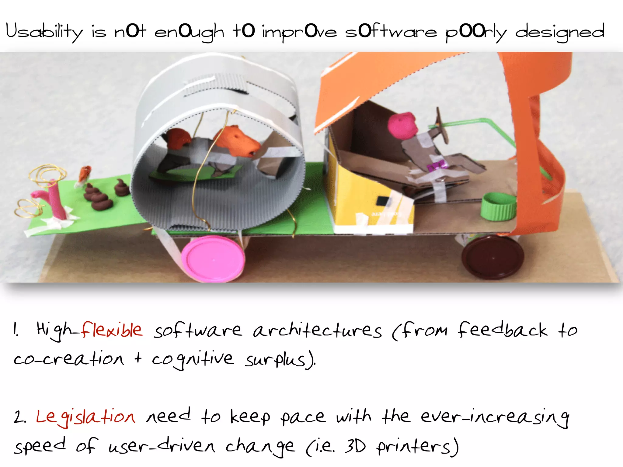 Vtbcjmjuz jt nou fnovhi uo jnqsowf toguxbsf qoosmz eftjhnfec
1.  High-flexible software architectures (from feedback to
co-creation + cognitive surplus).
2. Legislation need to keep pace with the ever-increasing
speed of user-driven change (i.e. 3D printers)
 