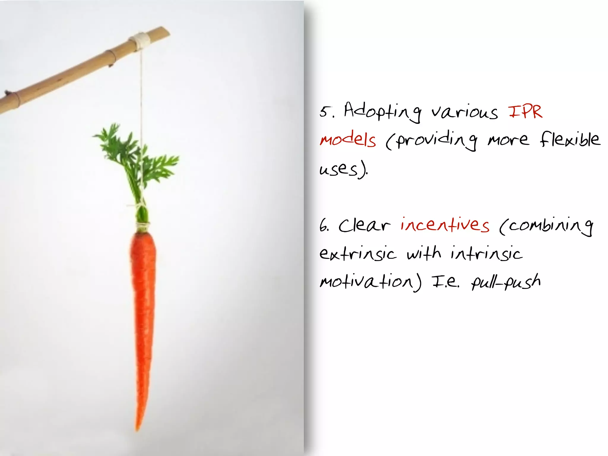 5. Adopting various IPR
models (providing more flexible
uses).
6. Clear incentives (combining
extrinsic with intrinsic
motivation) I.e. pull-push
 