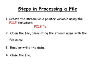 Steps in Processing a File 
1. Create the stream via a pointer variable using the 
FILE structure: 
FILE *p; 
2. Open the file, associating the stream name with the 
file name. 
3. Read or write the data. 
4. Close the file. 
 