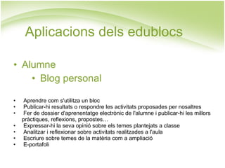 Aplicacions dels edublocs Alumne Blog personal Aprendre com s'utilitza un bloc Publicar-hi resultats o respondre les activitats proposades per nosaltres Fer de dossier d'aprenentatge electrònic de l'alumne i publicar-hi les millors pràctiques, reflexions, propostes… Expressar-hi la seva opinió sobre els temes plantejats a classe Analitzar i reflexionar sobre activitats realitzades a l'aula Escriure sobre temes de la matèria com a ampliació E-portafoli 