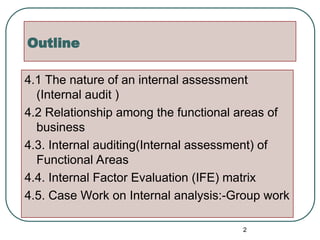 Outline
4.1 The nature of an internal assessment
(Internal audit )
4.2 Relationship among the functional areas of
business
4.3. Internal auditing(Internal assessment) of
Functional Areas
4.4. Internal Factor Evaluation (IFE) matrix
4.5. Case Work on Internal analysis:-Group work
2
 