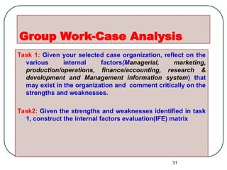Group Work-Case Analysis
Task 1: Given your selected case organization, reflect on the
various internal factors(Managerial, marketing,
production/operations, finance/accounting, research &
development and Management information system) that
may exist in the organization and comment critically on the
strengths and weaknesses.
Task2: Given the strengths and weaknesses identified in task
1, construct the internal factors evaluation(IFE) matrix
31
 