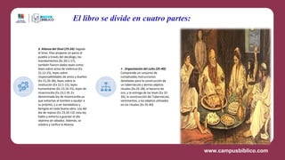 El libro se divide en cuatro partes:
3. Alianza del Sinaí (19-24): llegada
al Sinaí, Dios propone un pacto al
pueblo a través del decálogo, los
mandamientos (Ex 20;1-17),
también fueron dadas leyes como:
leyes sobre actos de violencia (Ex
21;12-25), leyes sobre
responsabilidades de amos y dueños
(Ex 21;26-36), leyes sobre la
restitución (Ex 22;1-15), leyes
humanitarias (Ex 22;16-31), leyes de
misericordia (Ex 23;1-9): Es
denominada ley de misericordia ya
que exhortan al hombre a ayudar a
su prójimo, y a ser bondadoso y
benigno en toda buena obra. Ley del
día de reposo (Ex 23;10-13): esta ley
habla y exhorta a guardar el día
séptimo (el sábado). Además, se
celebra y ratifica la Alianza.
4. Organización del culto (25-40):
Comprende un conjunto de
complicadas instrucciones
detalladas para la construcción de
un tabernáculo y demás objetos
rituales (Ex 25-28), el becerro de
oro, y la entrega de las leyes (Ex 32-
34), la construcción del Tabernáculo,
vestimentas, y los objetos utilizados
en los rituales (Ex 35-40)
 
