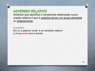 Advérbio que identifica o constituinte relativizado numa
oração relativa e que é substituível por um grupo adverbial
ou preposicional.

Exemplos:
Em (i), a palavra ―onde‖ é um advérbio relativo:
(i) A rua onde moro é bonita.




                                                              54
 