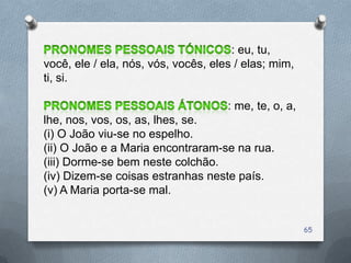 : eu, tu,
você, ele / ela, nós, vós, vocês, eles / elas; mim,
ti, si.

                                     : me, te, o, a,
lhe, nos, vos, os, as, lhes, se.
(i) O João viu-se no espelho.
(ii) O João e a Maria encontraram-se na rua.
(iii) Dorme-se bem neste colchão.
(iv) Dizem-se coisas estranhas neste país.
(v) A Maria porta-se mal.


                                                       65
 