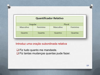 Introduz uma oração subordinada relativa

 Fiz tudo quanto me mandaste.
 Fiz tantas mudanças quantas pude fazer.



                                            84
 