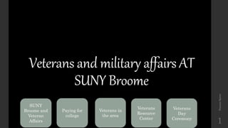 SUNY
Broome and
Veteran
Affairs
Veterans and military affairs AT
SUNY Broome
DuncanSpicer
1
Paying for
college
Veterans in
the area
Veterans
Resource
Center
Veterans
Day
Ceremony
 
