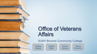 SUNY Broome Community College
Getting
Started
Contact
Office
FAQ for
Veterans
Veteran
Population
 
