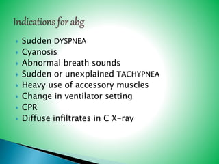  Sudden DYSPNEA
 Cyanosis
 Abnormal breath sounds
 Sudden or unexplained TACHYPNEA
 Heavy use of accessory muscles
 Change in ventilator setting
 CPR
 Diffuse infiltrates in C X-ray
 