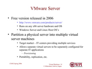 VMware Server Free version released in 2006 http:// www.vmware.com /products/server/ Runs on any x86 server hardware and OS Windows Server and Linux Host OS’s Partition a physical server into multiple virtual server machines Target market – IT centers providing multiple services Allows separate virtual servers to be separately configured for separate IT applications Provisioning Portability, replication, etc. 