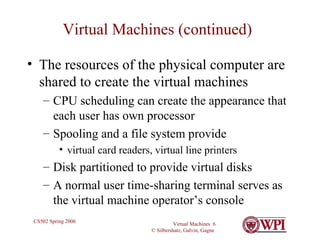 Virtual Machines (continued) The resources of the physical computer are shared to create the virtual machines CPU scheduling can create the appearance that each user has own processor Spooling and a file system provide  virtual card readers, virtual line printers Disk partitioned to provide virtual disks A normal user time-sharing terminal serves as the virtual machine operator’s console 