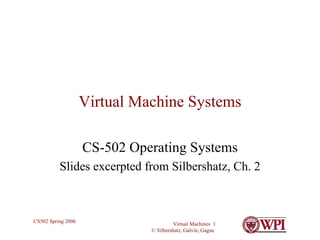 Virtual Machine Systems CS-502 Operating Systems Slides excerpted from Silbershatz, Ch. 2 