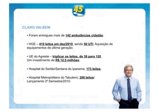 CLARO VAI BEM

  • Foram entregues mais de 142 ambulâncias cidadãs;

  • HGE – 410 leitos em dez/2010, sendo 50 UTI. Aquisição de
  equipamentos de última geração;

  • UE do Agreste – triplicar os leitos, de 38 para 120.
  Um investimento de R$ 12,5 milhões;

  • Hospital do Sertão/Santana do Ipanema: 173 leitos;

  • Hospital Metropolitano do Tabuleiro: 200 leitos/
  Lançamento 2º Semestre/2010.
 