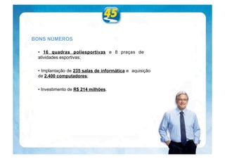 BONS NÚMEROS

 • 16 quadras poliesportivas e 8 praças de
 atividades esportivas;


 • Implantação de 235 salas de informática e aquisição
 de 2.400 computadores;


 • Investimento de R$ 214 milhões.
 