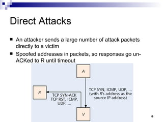Direct Attacks An attacker sends a large number of attack packets directly to a victim Spoofed addresses in packets, so responses go un-ACKed to R until timeout 