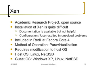 Xen Academic Research Project, open source Installation of Xen is quite difficult Documentation is available but not helpful Configuration / Use resulted in unsolved problems Included in RedHat Fedora Core 4 Method of Operation: Paravirtualization Requires modification to host OS Host OS: Linux, NetBSD Guest OS: Windows XP, Linux, NetBSD 