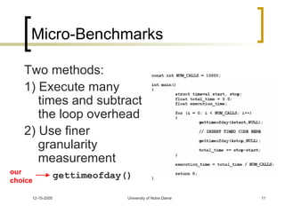 Micro-Benchmarks Two methods: 1) Execute many times and subtract the loop overhead 2) Use finer granularity measurement gettimeofday() our choice 