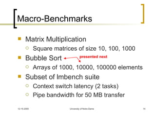 Macro-Benchmarks Matrix Multiplication Square matrices of size 10, 100, 1000 Bubble Sort Arrays of 1000, 10000, 100000 elements Subset of lmbench suite Context switch latency (2 tasks) Pipe bandwidth for 50 MB transfer presented next 