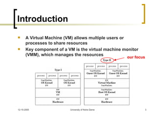 Introduction A Virtual Machine (VM) allows multiple users or processes to share resources Key component of a VM is the virtual machine monitor (VMM), which manages the resources our focus 