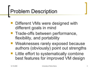 Problem Description Different VMs were designed with different goals in mind Trade-offs between performance, flexibility, and portability Weaknesses rarely exposed because authors (obviously) point out strengths Little effort to systematically combine best features for improved VM design 