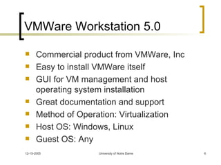 VMWare Workstation 5.0 Commercial product from VMWare, Inc Easy to install VMWare itself GUI for VM management and host operating system installation Great documentation and support Method of Operation: Virtualization Host OS: Windows, Linux Guest OS: Any 