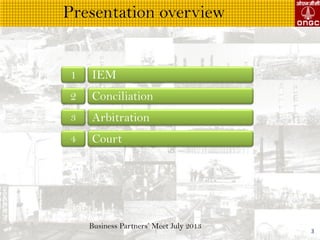 Business Partners Meet July 2013
3
Presentation overview
1 IEM
2 Conciliation
3 Arbitration
4 Court
 