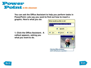 The Animation Effects Toolbar has buttons for working with animations, and the Web Toolbar helps you create presentations on the Internet. There's also a Reviewing Toolbar, a WordArt Toolbar, and a Control Box Toolbar. When you're a more advanced user, you may wish to add some of these toolbars to your PowerPoint window. Let's say you want to add the animation effects toolbar. Here's what you do: Click the View menu, and then point to Toolbars. 2. In the submenu, click the check box next to animation effects. An animation effects toolbar appears in the PowerPoint window. 