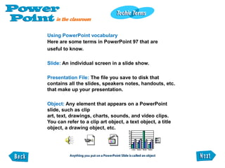 You can ask the Office Assistant to help you perform tasks in PowerPoint. Lets say you want to find out how to insert a graphic. Here's what you do: 1. Click the Office Assistant.  A callout appears, asking you what you want to do.