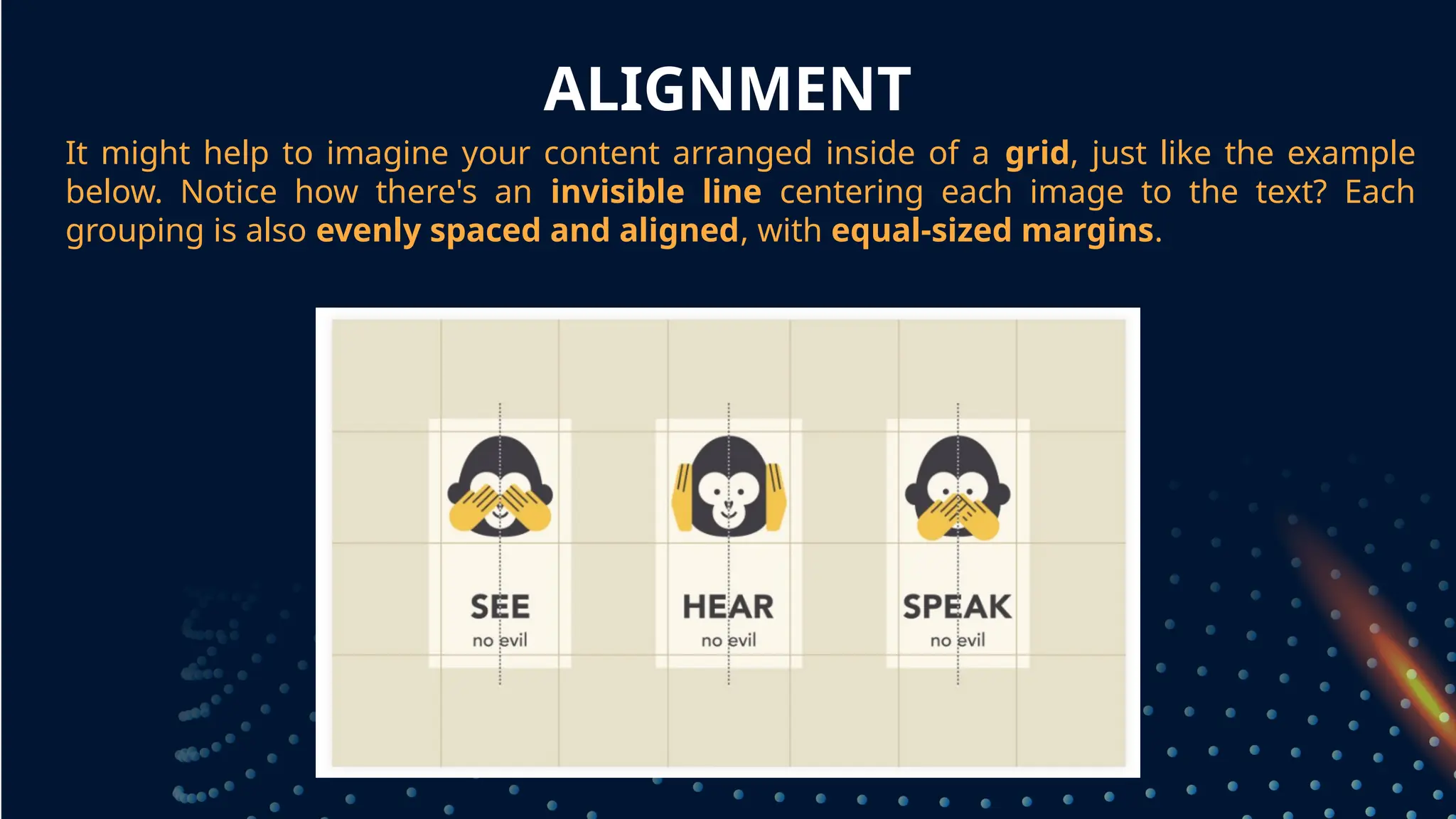ALIGNMENT
It might help to imagine your content arranged inside of a grid, just like the example
below. Notice how there's an invisible line centering each image to the text? Each
grouping is also evenly spaced and aligned, with equal-sized margins.
grouped together
 